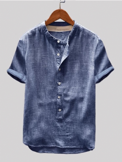 Camisas De Algodón Vintage Para Hombre Cuello Alto Camisas Henley Sueltas De Manga Corta De Color Sólido