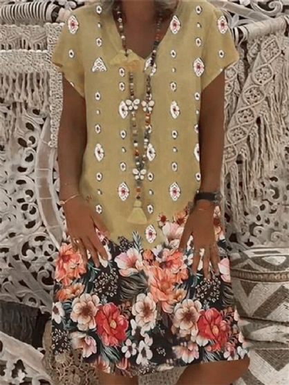 Vestido A Media Pierna Suelto Informal De Manga Corta Con Cuello En V Y Estampado De Flores Vintage Para Mujer