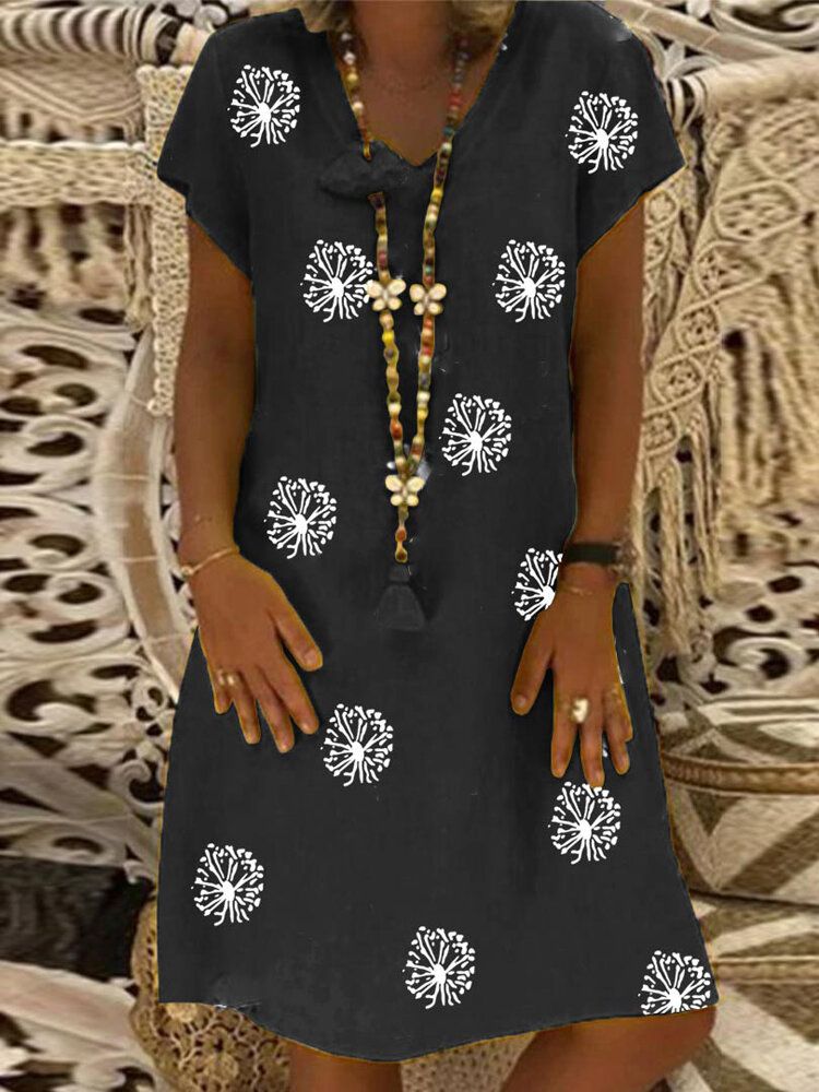 Vestido A Media Pierna Suelto De Manga Corta Con Cuello En V Y Estampado Floral Vintage Para Mujer