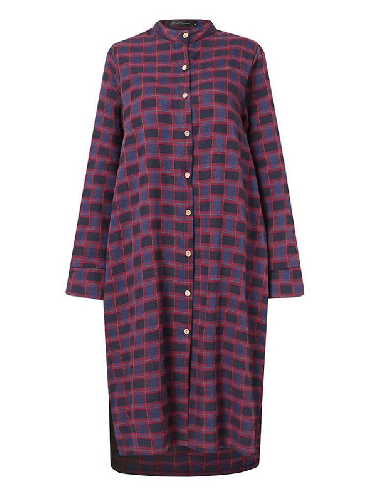 Vestido Camisero De Manga Larga Con Estampado De Cuadros Escoceses Y Cuello Mandarín Para Mujer