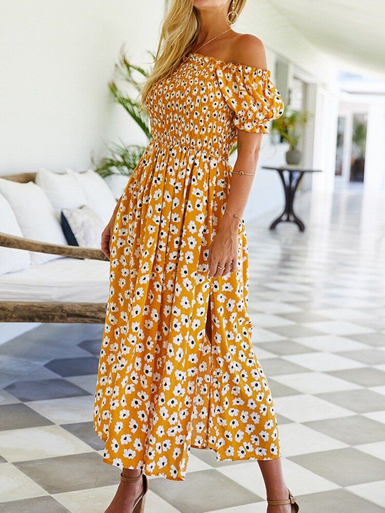 Vestido Con Dobladillo Con Abertura Y Manga Corta Con Estampado Floral Para Mujer