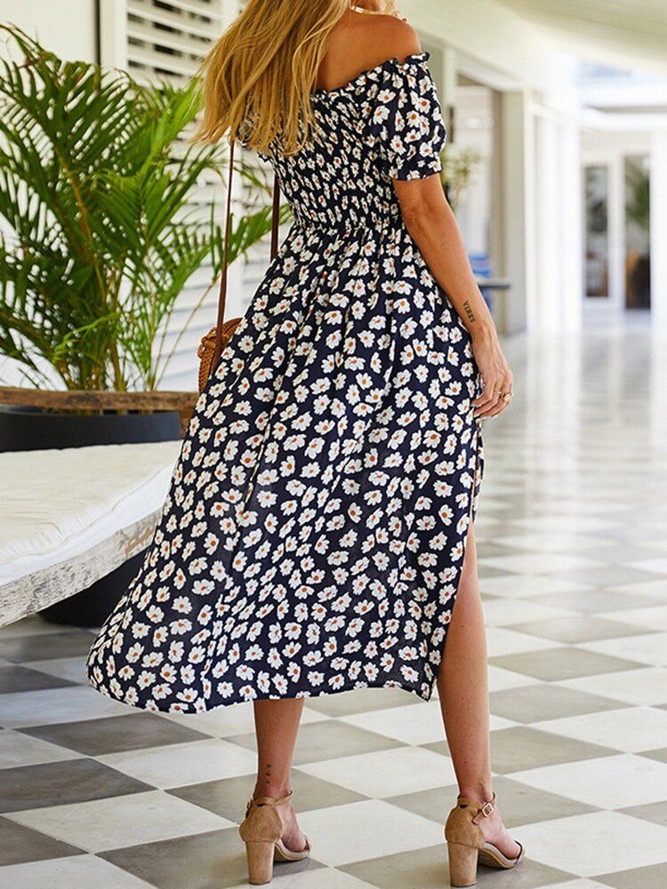 Vestido Con Dobladillo Con Abertura Y Manga Corta Con Estampado Floral Para Mujer