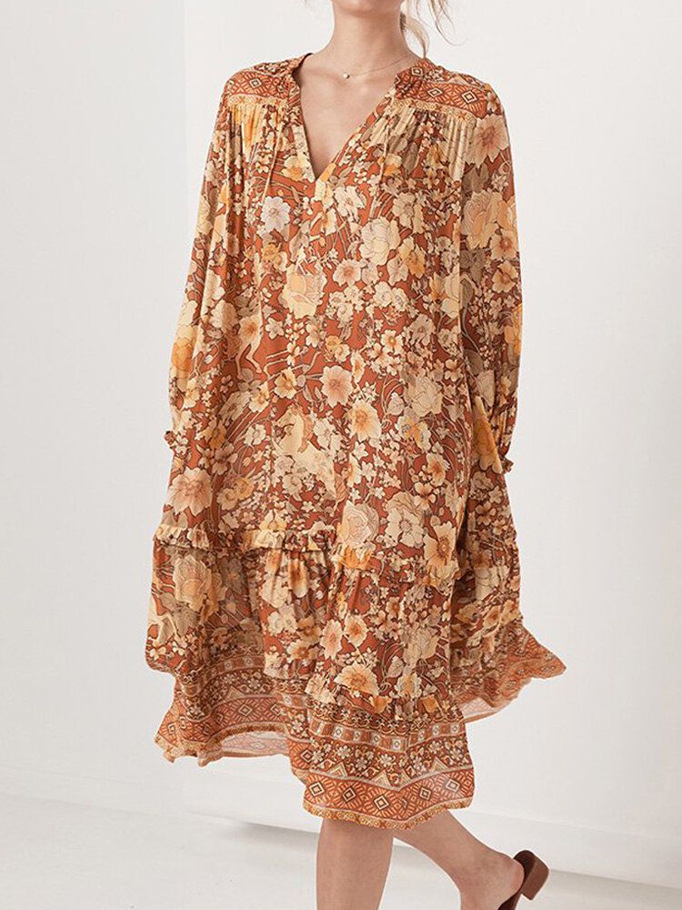 Vestido Medio Largo De Manga Larga Con Cuello En V Y Estampado Floral Bohemio