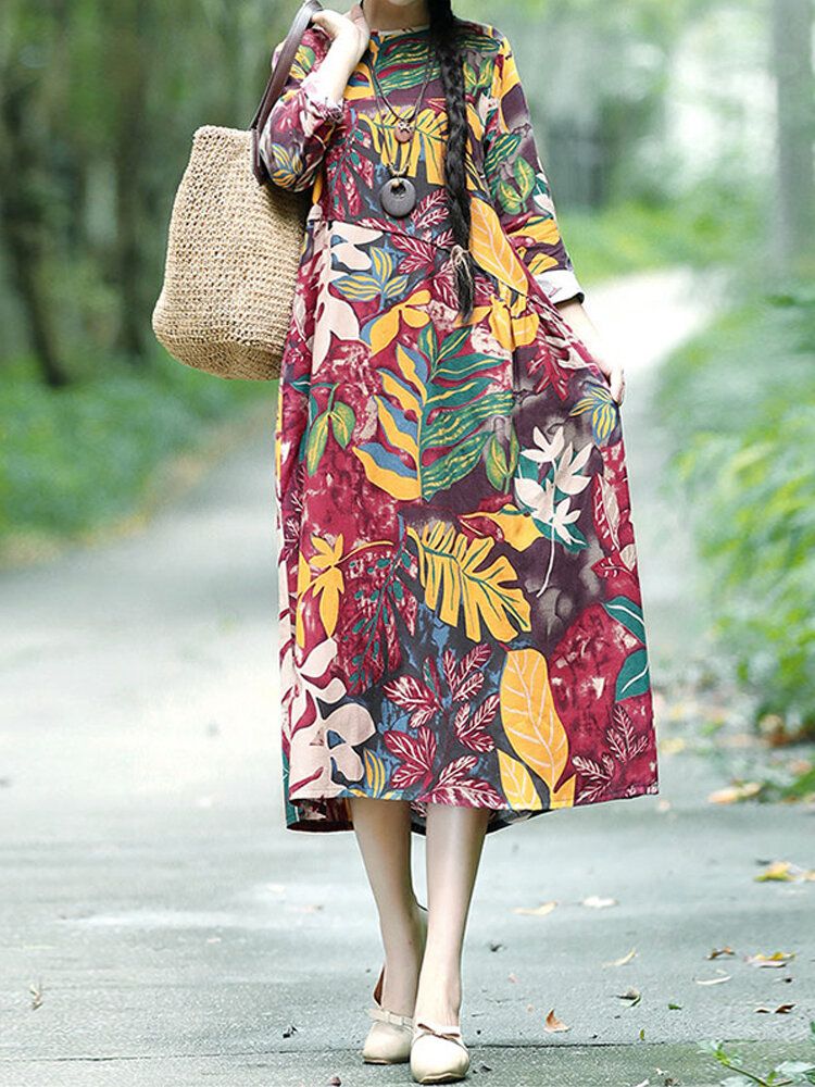 Vestido Midi Casual Vintage Con Estampado Floral De Hojas Y Bolsillos Laterales