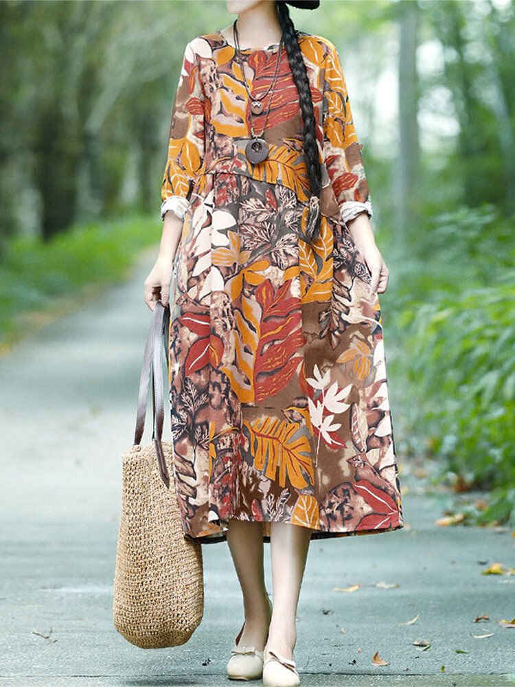Vestido Midi Casual Vintage Con Estampado Floral De Hojas Y Bolsillos Laterales