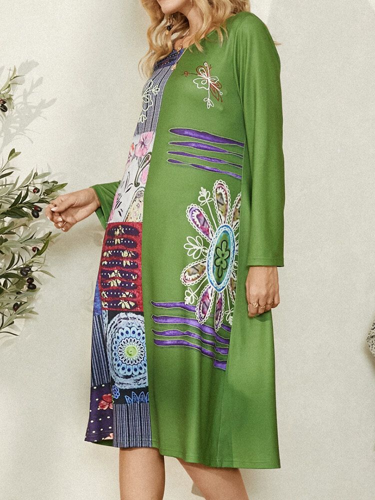 Vestido Midi Vintage De Manga Larga Con Cuello Redondo Y Estampado Floral Étnico Para Mujer