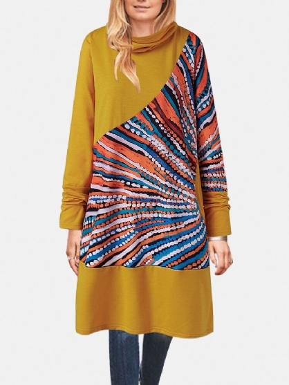 Vestidos A Media Pierna De Manga Larga Con Cuello Alto Y Cuello Alto Con Estampado De Colores Vintage Para Mujer