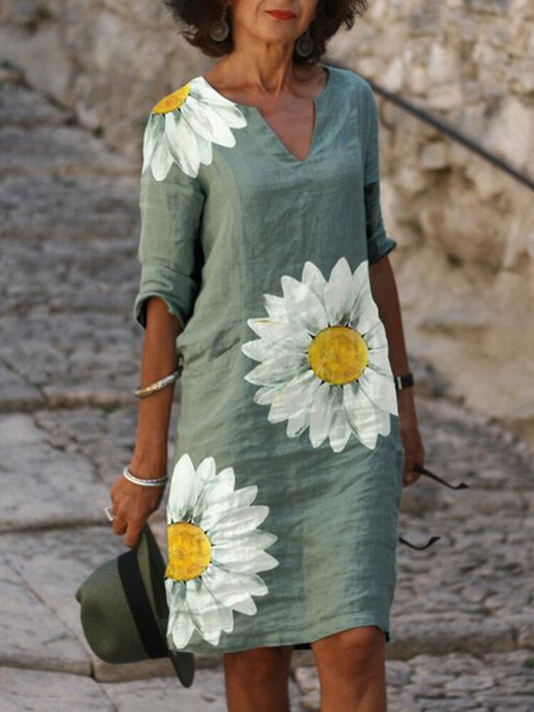 Vestidos De Media Manga Vintage Con Escote Con Muescas Y Estampado De Hojas De Plantas Para Mujer