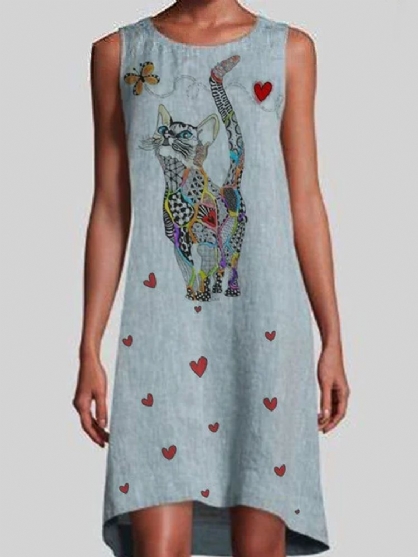Vestidos Vintage Sin Mangas Con Estampado De Gato Colorido Para Mujer