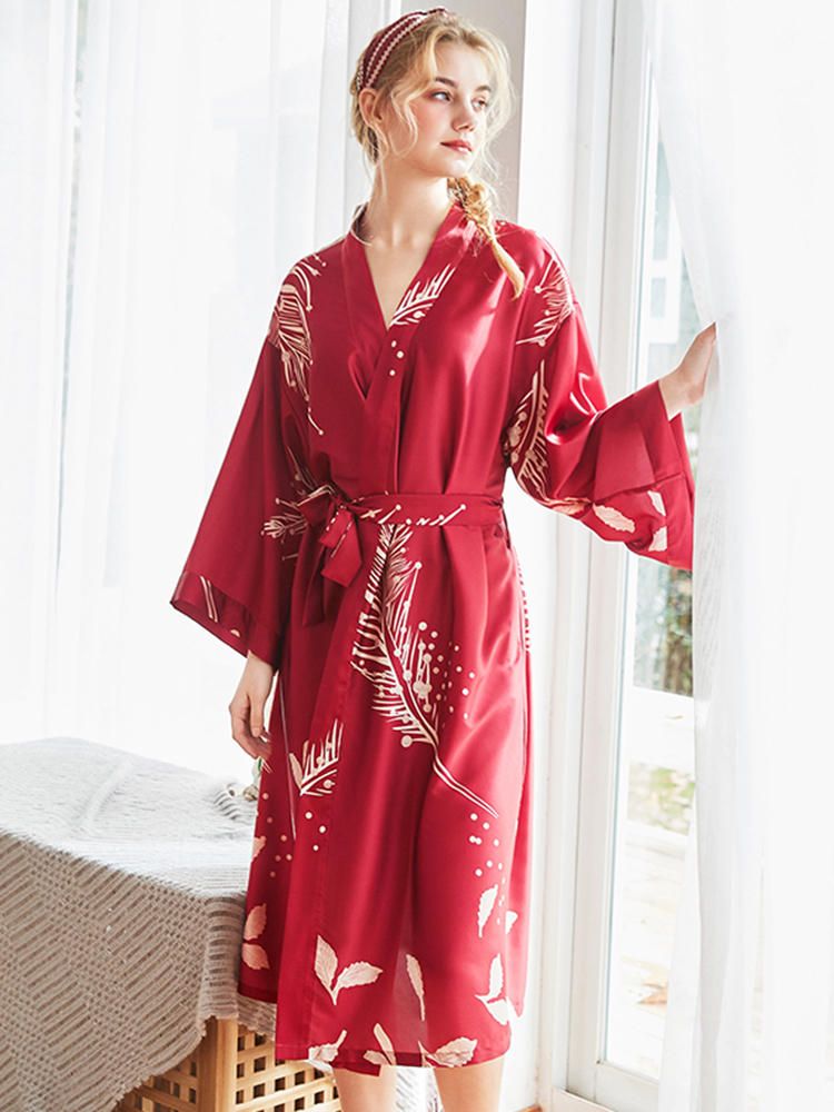 Batas De Camisón Kimono De Seda Nupcial Floral De Manga Larga Roja