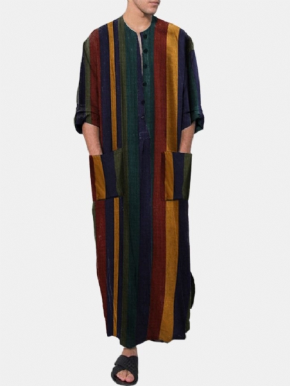Batas De Manga Larga Casuales Con Estampado De Rayas Multicolores Vintage Para Hombre Con Bolsillos