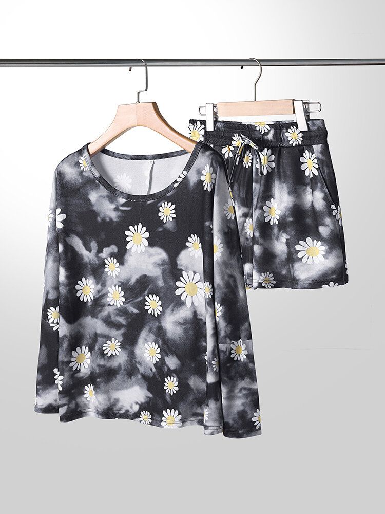 Conjunto De Pijama Para El Hogar Con Cordón De Manga Larga Y Estampado De Margaritas De Talla Grande Para Mujer Con Bolsillo