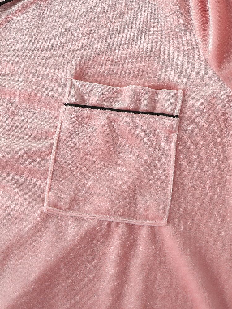 Mujeres Tallas Grandes Botón De Solapa De Terciopelo Pantalones Rectos Sueltos Homewear Lounge Conjunto De Pijamas Sólidos