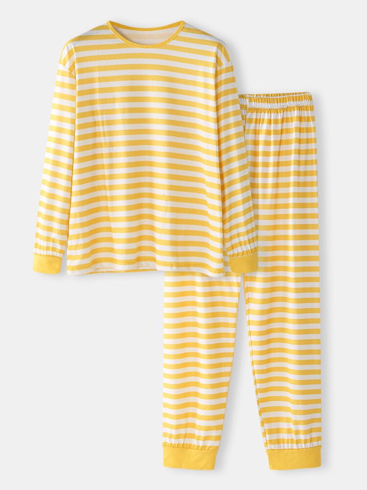 Pantalones De Chándal Holgados Con Cuello Redondo Y Estampado De Rayas Horizontales Básicas Para Hombre Conjunto De Pijamas Cómodos Para El Hogar