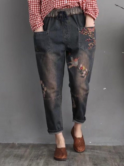 Vaqueros De Mezclilla Rasgados Vintage Con Bordado Floral Con Cordón