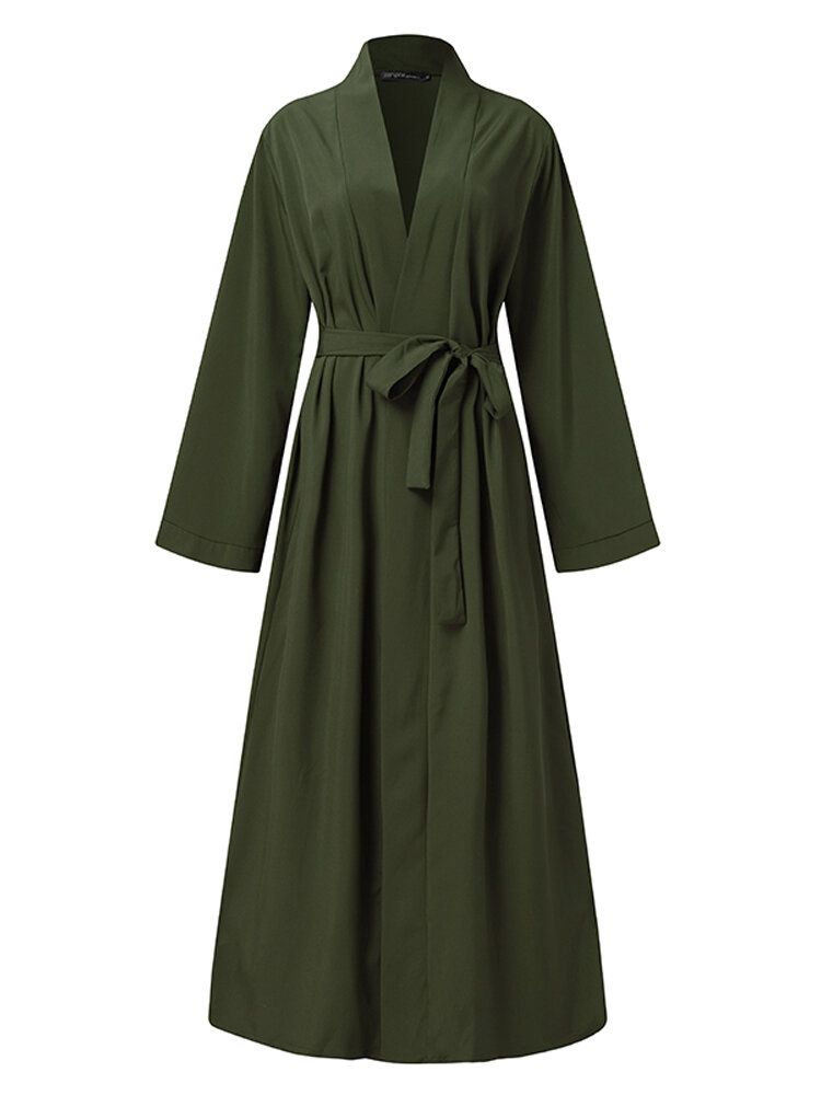 Mujeres Vintage Color Sólido Cárdigan Informal Suelto Abaya Kaftan Bata De Manga Larga