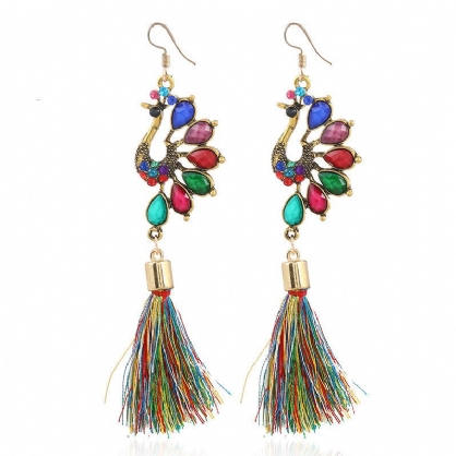 Pendiente De Borla De Cristal De Pavo Real Colorido Étnico Pendientes Colgantes Largos Vintage Para Mujer