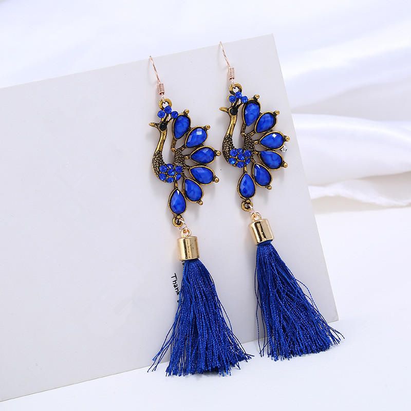Pendiente De Borla De Cristal De Pavo Real Colorido Étnico Pendientes Colgantes Largos Vintage Para Mujer