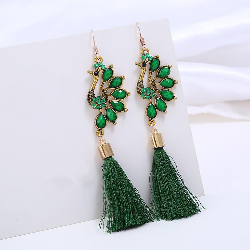Pendiente De Borla De Cristal De Pavo Real Colorido Étnico Pendientes Colgantes Largos Vintage Para Mujer