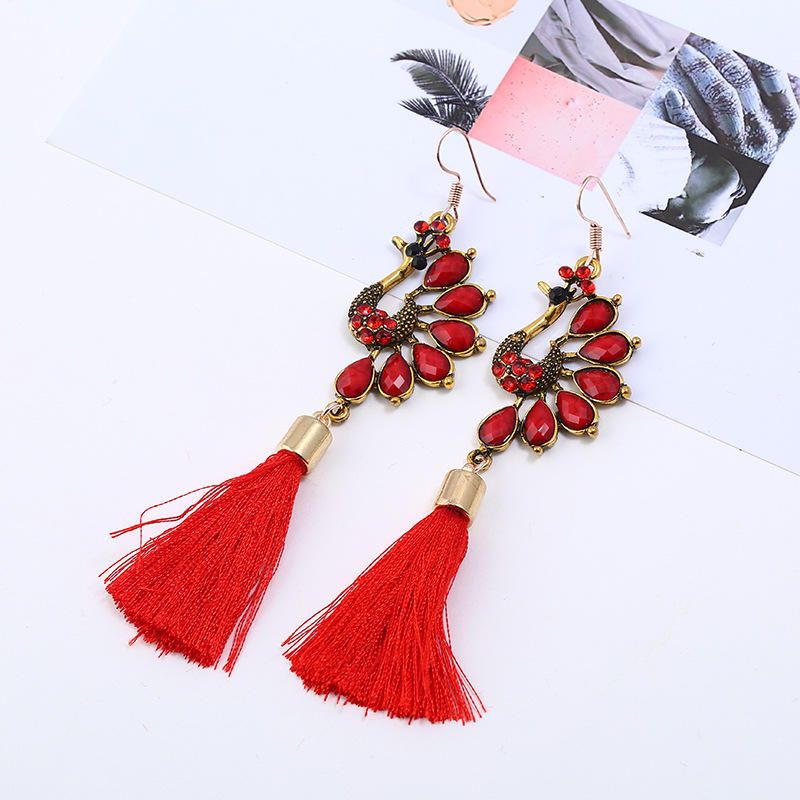 Pendiente De Borla De Cristal De Pavo Real Colorido Étnico Pendientes Colgantes Largos Vintage Para Mujer