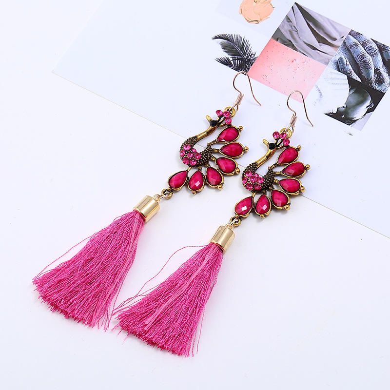 Pendiente De Borla De Cristal De Pavo Real Colorido Étnico Pendientes Colgantes Largos Vintage Para Mujer