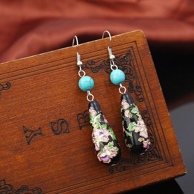 Pendiente De Flor Colorida Vintage Cloisonne Turquesa Cuelga La Joyería De La Gota Del Oído Para Las Mujeres
