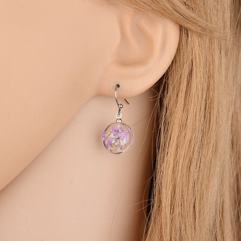 Pendientes De Flores Secas Naturales Hechos A Mano Vintage Pendientes Colgantes De Cristal Transparente Redondo Geométrico