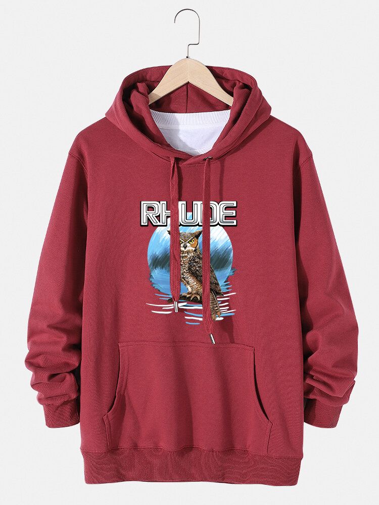 Sudaderas Con Capucha De Algodón Con Cordón De Algodón Con Estampado De Letras Gráficas De Búho Para Hombre