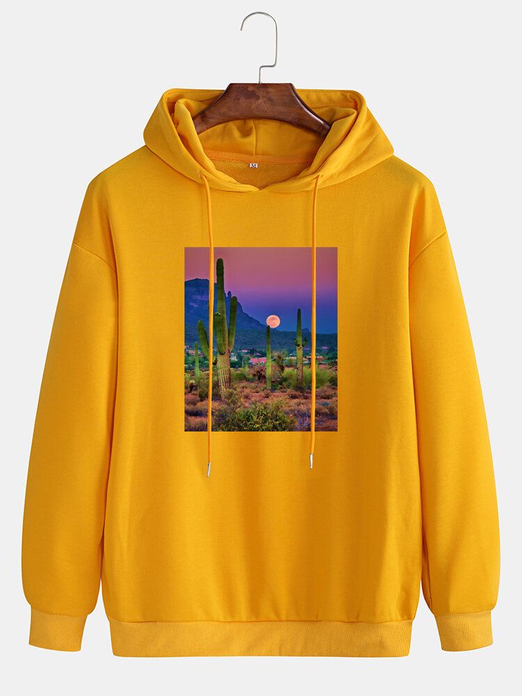 Sudaderas Con Capucha Con Cordón Y Hombros Caídos Con Gráfico De Paisaje De Cactus Para Hombre