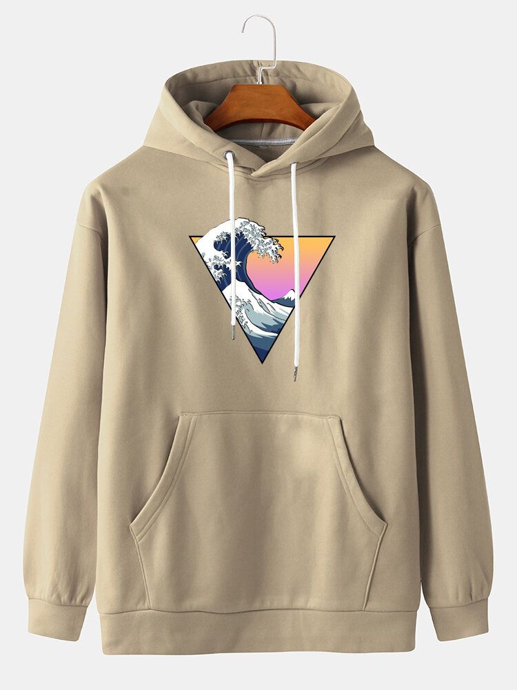 Sudaderas Con Capucha De Dibujos Animados Con Bolsillo De Canguro De Manga Larga Con Estampado De Olas Para Hombre