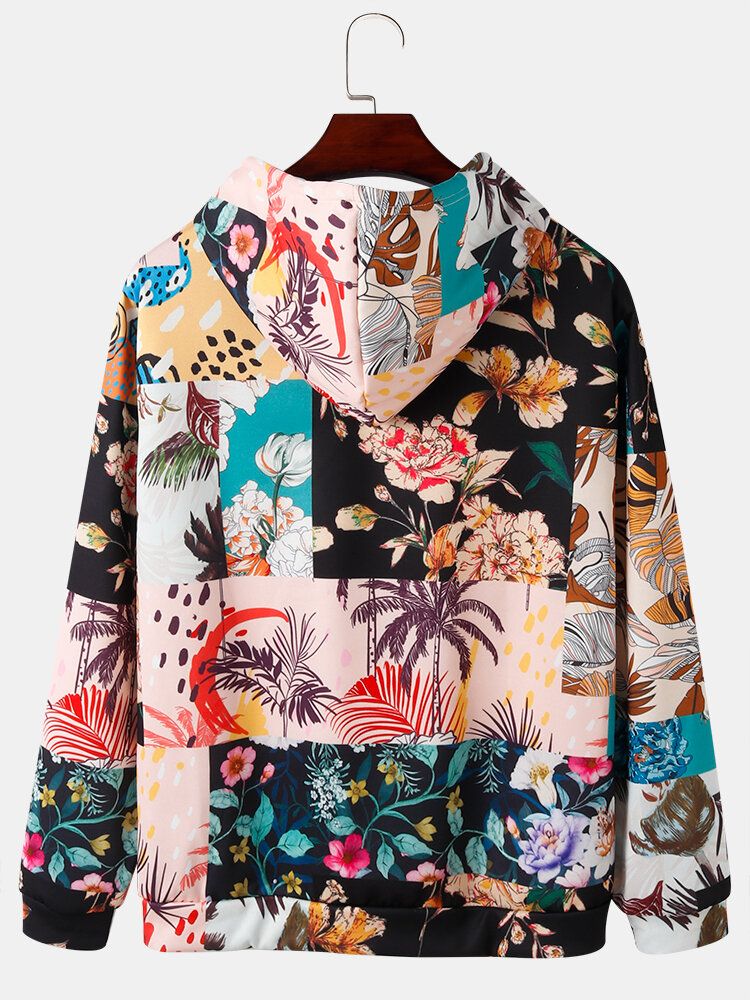 Sudaderas Con Capucha De Manga Larga Con Bloques De Color Y Estampado Floral Para Hombre Con Bolsillo