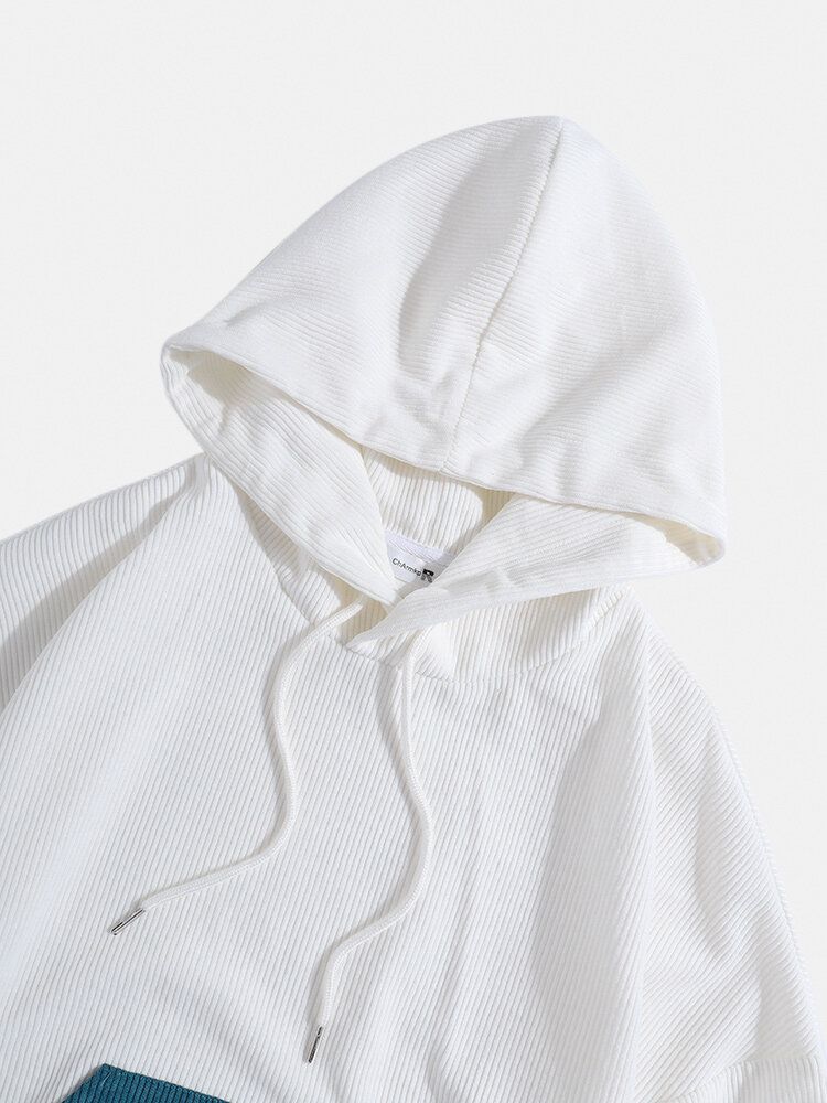 Sudaderas Con Capucha De Manga Larga De Pana De Patchwork De Diseño Para Hombre Con Bolsillo