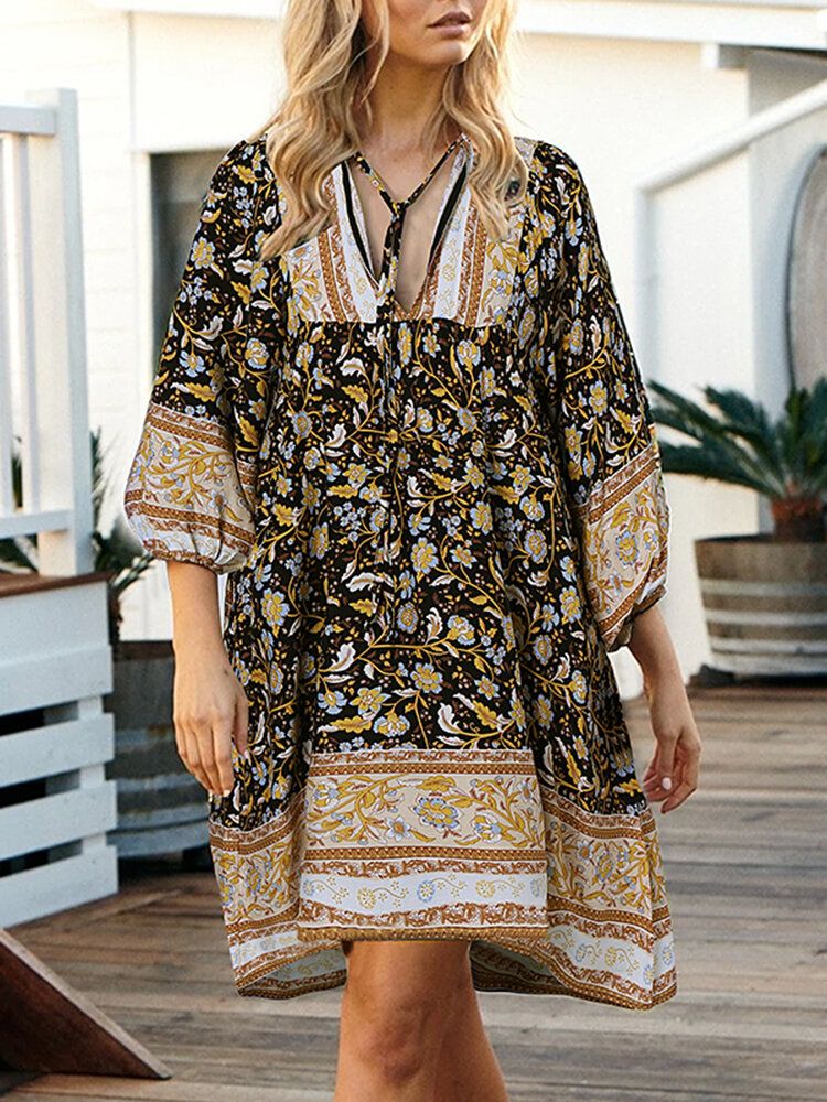 Mini Vestido Casual De Vacaciones Bohemio Con Cuello En V Y Estampado Floral De Estilo Étnico Para Mujer