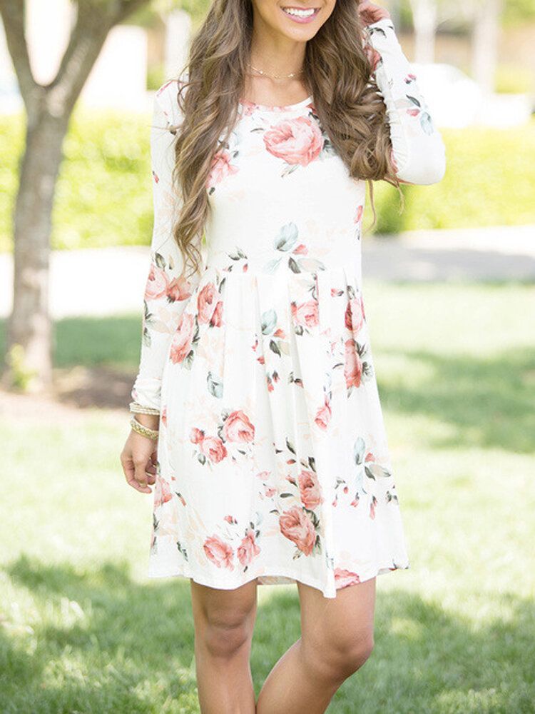 Mini Vestidos Casuales De Manga Larga Con Cuello Redondo Y Estampado Floral Para Mujer