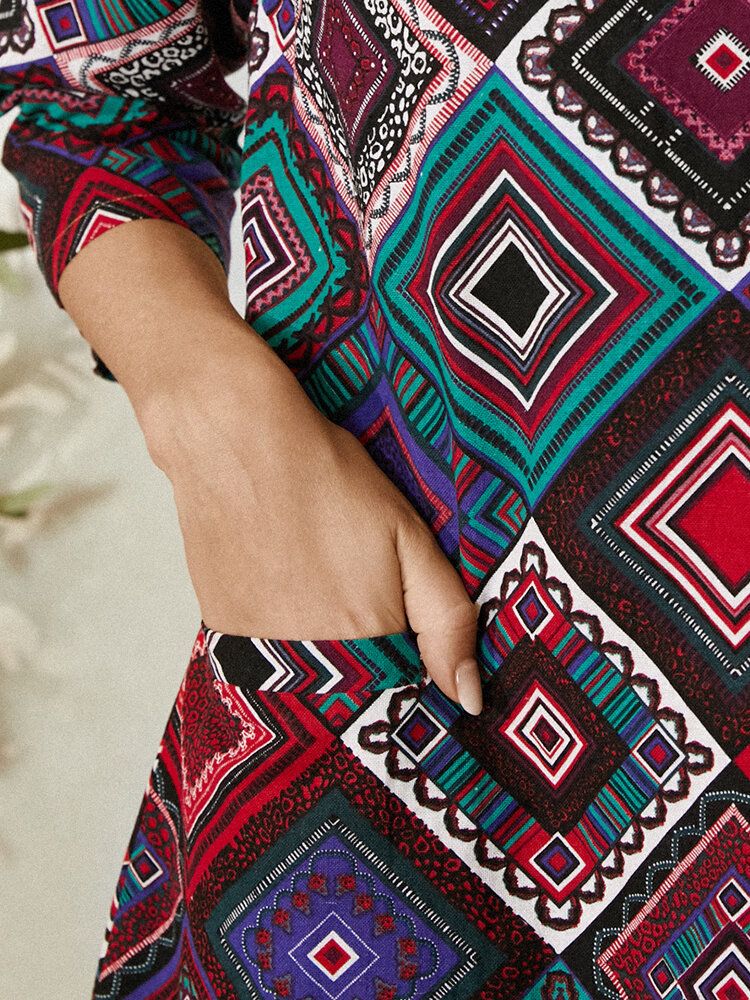 Vestido Casual Vintage De Manga 3/4 Con Estampado Geométrico Étnico De Mujer Con Bolsillo
