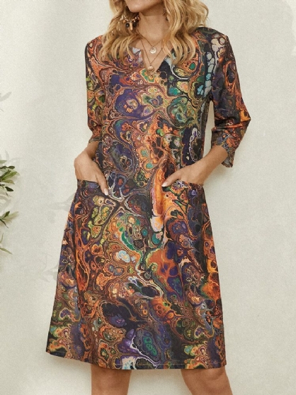 Vestido Con Cuello En V Y Manga 3/4 Con Estampado Vintage Multicolor Para Mujer Con Bolsillo