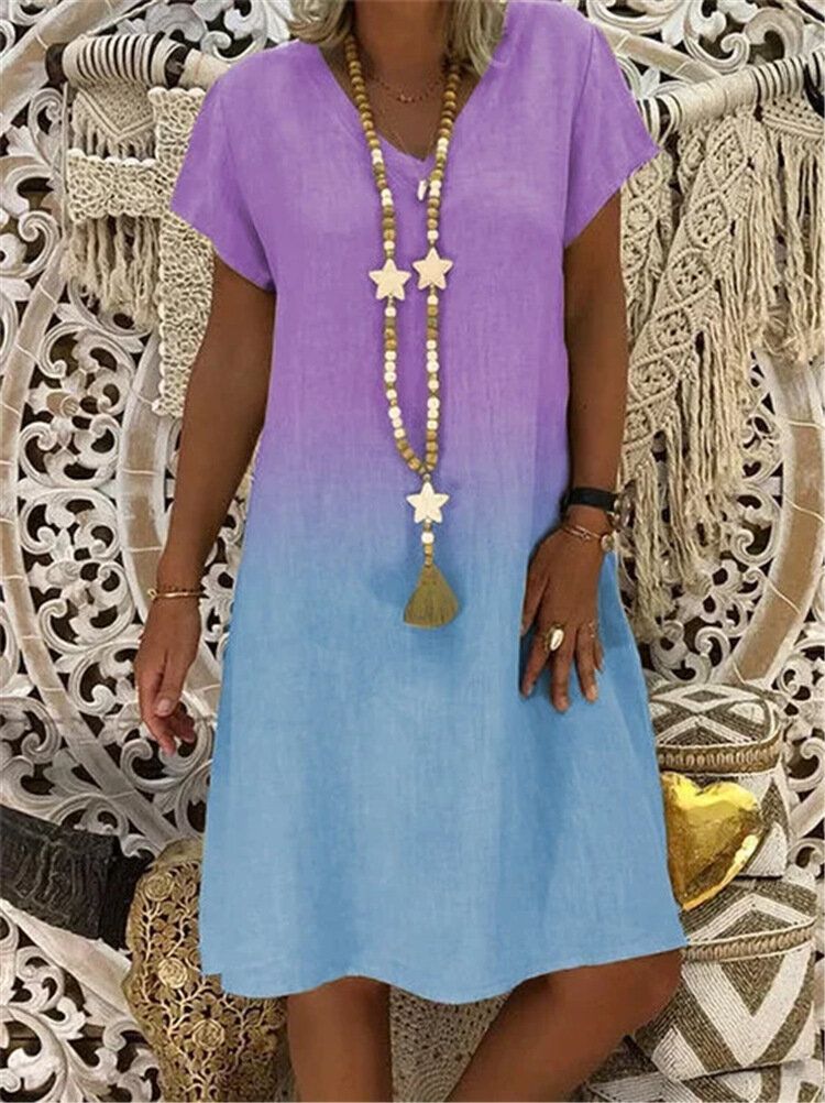 Vestido Informal Suelto De Manga Corta Con Cuello En V Y Degradado De Color En Contraste Para Mujer