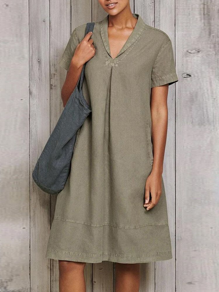 Vestidos Vintage De Manga Corta Con Cuello En V De Color Sólido Para Mujer