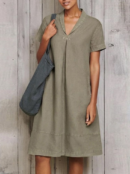 Vestidos Vintage De Manga Corta Con Cuello En V De Color Sólido Para Mujer