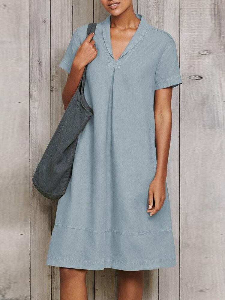Vestidos Vintage De Manga Corta Con Cuello En V De Color Sólido Para Mujer