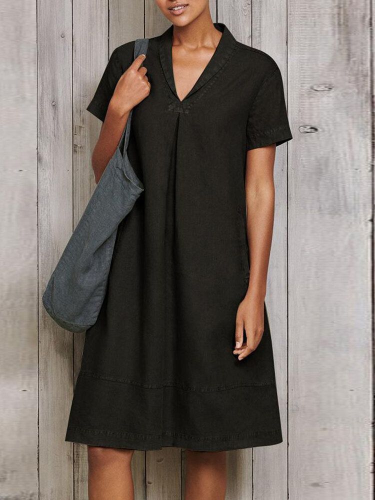 Vestidos Vintage De Manga Corta Con Cuello En V De Color Sólido Para Mujer