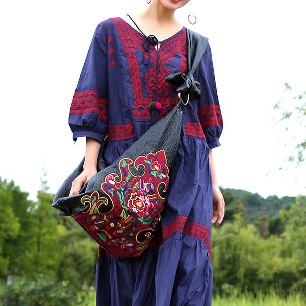 Bolso De Hombro De Cuero Suave Con Estampado De Flores De Estilo Nacional
