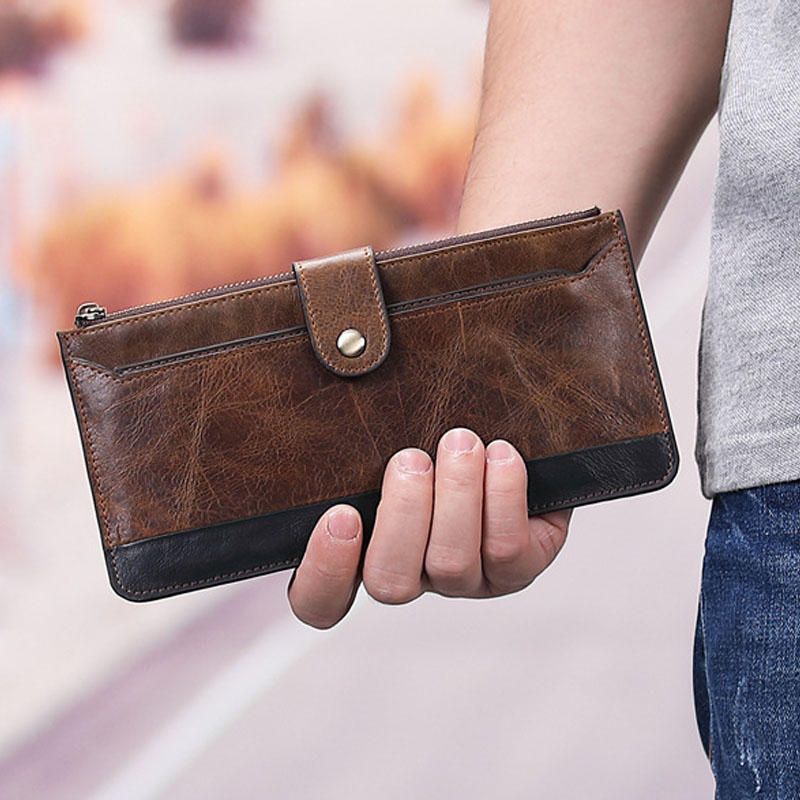 Bolso Largo Para Teléfono De Negocios Vintage De Cuero Genuino Para Hombre Bolso De Mano Con Billetera Fina