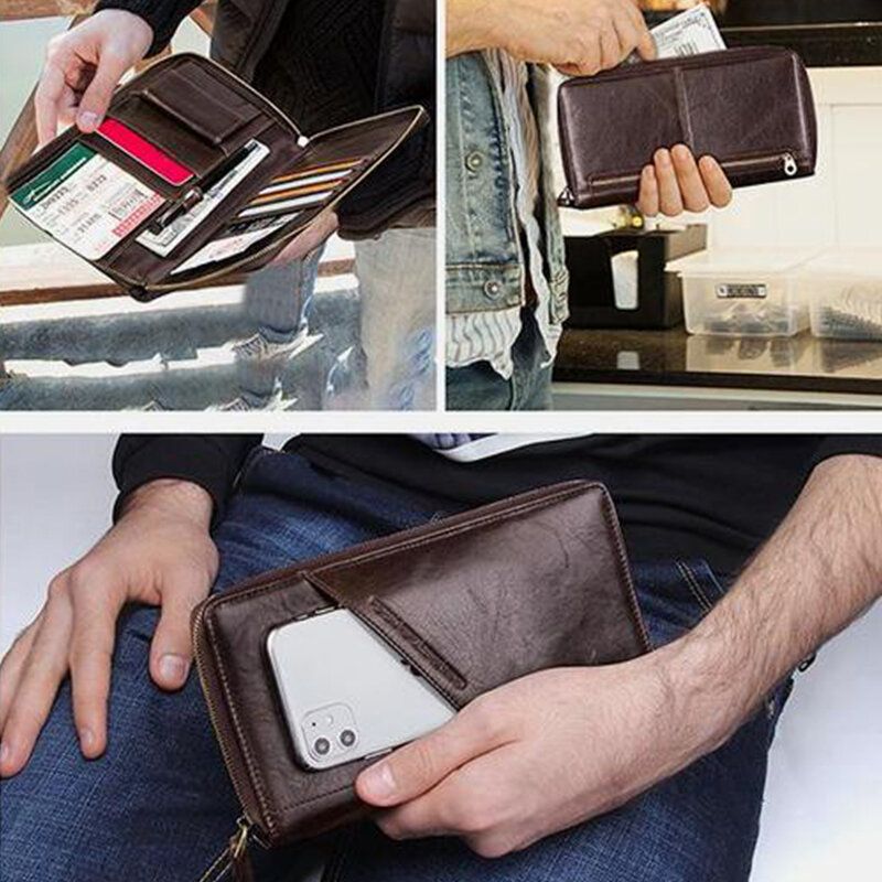 Hombres Cremallera De Cuero Genuino Retro Business Ranura Para Múltiples Tarjetas Multifunción 5.8 Pulgadas Teléfono Embrague De Cuero Monedero Titular De La Tarjeta Cartera Con Correa Para La Muñeca