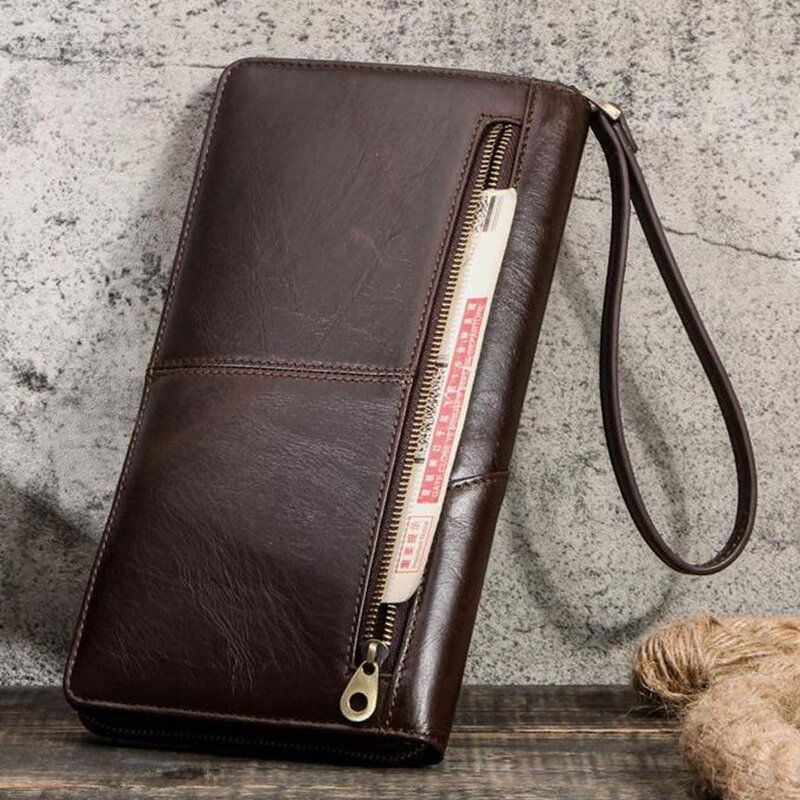 Hombres Cremallera De Cuero Genuino Retro Business Ranura Para Múltiples Tarjetas Multifunción 5.8 Pulgadas Teléfono Embrague De Cuero Monedero Titular De La Tarjeta Cartera Con Correa Para La Muñeca