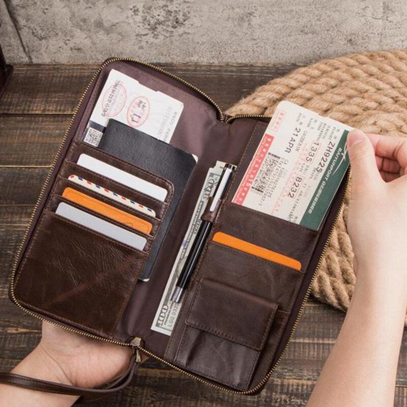 Hombres Cremallera De Cuero Genuino Retro Business Ranura Para Múltiples Tarjetas Multifunción 5.8 Pulgadas Teléfono Embrague De Cuero Monedero Titular De La Tarjeta Cartera Con Correa Para La Muñeca
