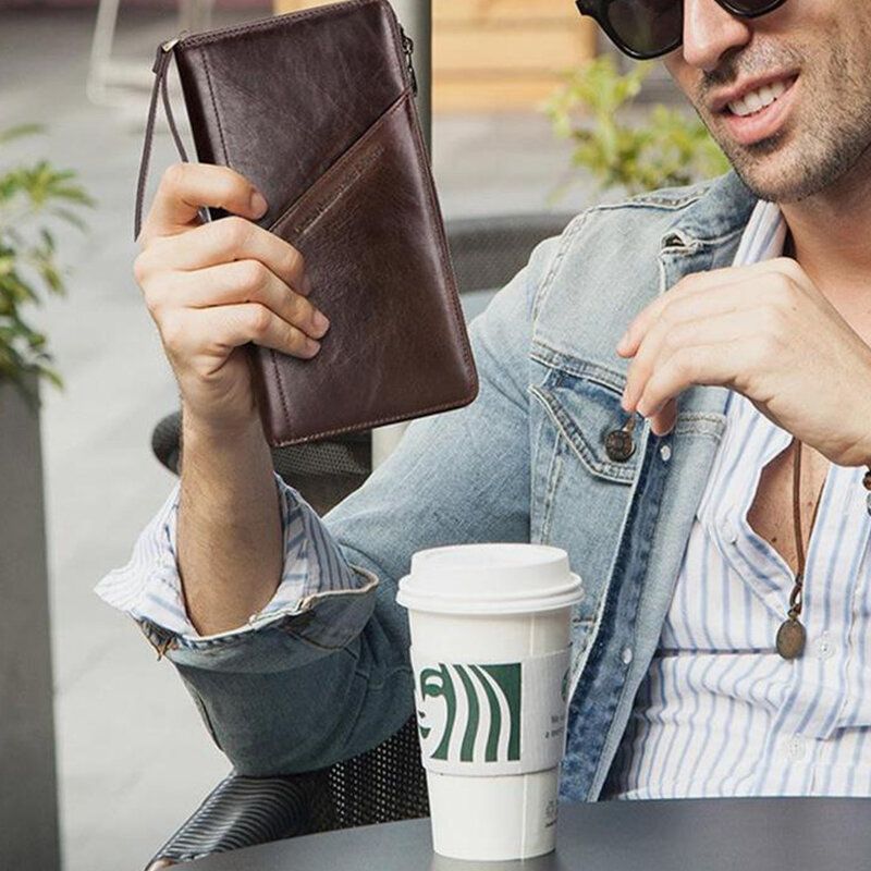 Hombres Cremallera De Cuero Genuino Retro Business Ranura Para Múltiples Tarjetas Multifunción 5.8 Pulgadas Teléfono Embrague De Cuero Monedero Titular De La Tarjeta Cartera Con Correa Para La Muñeca