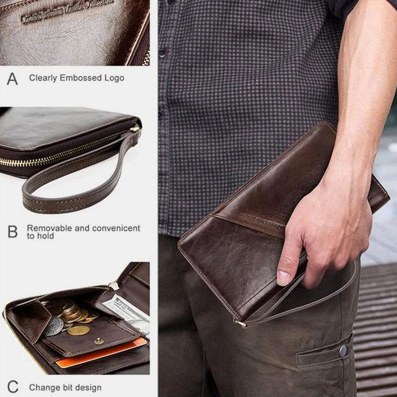 Hombres Cremallera De Cuero Genuino Retro Business Ranura Para Múltiples Tarjetas Multifunción 5.8 Pulgadas Teléfono Embrague De Cuero Monedero Titular De La Tarjeta Cartera Con Correa Para La Muñeca