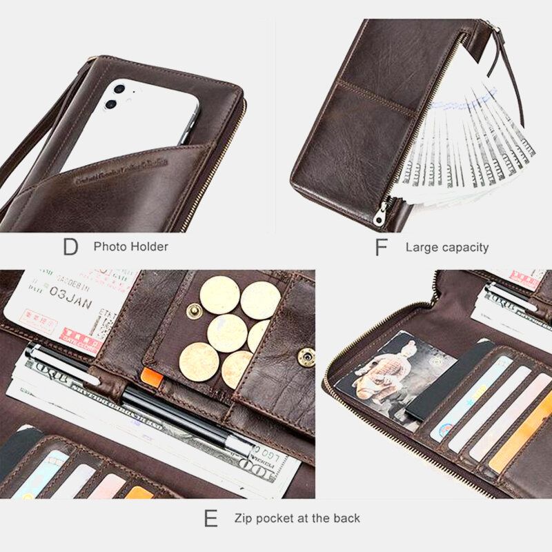 Hombres Cremallera De Cuero Genuino Retro Business Ranura Para Múltiples Tarjetas Multifunción 5.8 Pulgadas Teléfono Embrague De Cuero Monedero Titular De La Tarjeta Cartera Con Correa Para La Muñeca