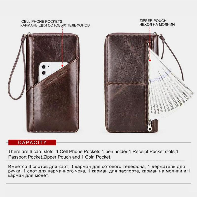 Hombres Cremallera De Cuero Genuino Retro Business Ranura Para Múltiples Tarjetas Multifunción 5.8 Pulgadas Teléfono Embrague De Cuero Monedero Titular De La Tarjeta Cartera Con Correa Para La Muñeca